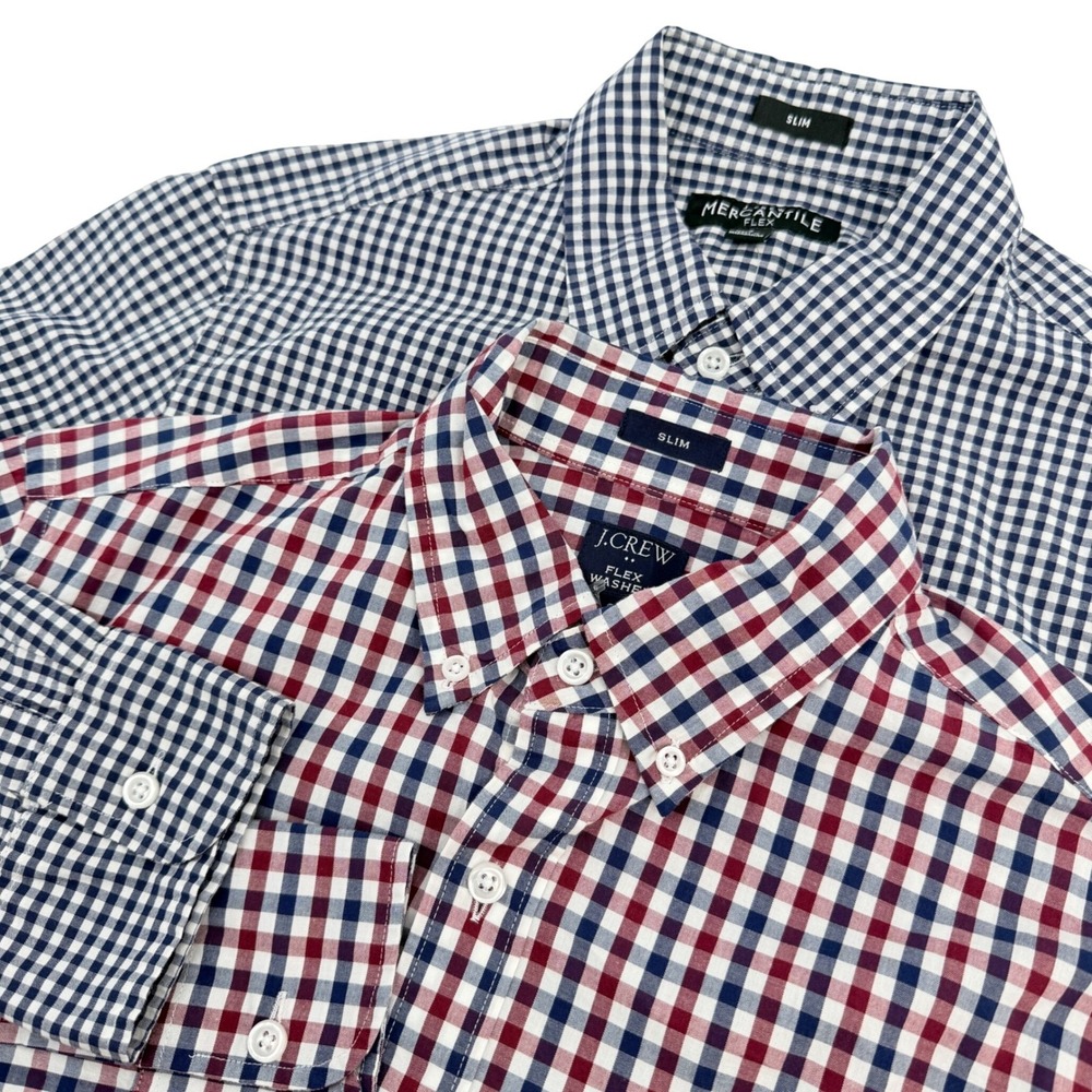 Lot of 2 J.Crew Shirts Mens Small Gingham Flex Slim Fit Long Sleeve Casual NEW